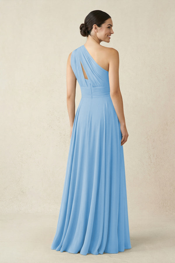 One - Shoulder A - Line Pleated Chiffon Bridesmaid Dress in Steel Blue - KissProm Bridesmaid Dresses
