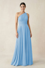 One - Shoulder A - Line Pleated Chiffon Bridesmaid Dress in Steel Blue - KissProm Bridesmaid Dresses