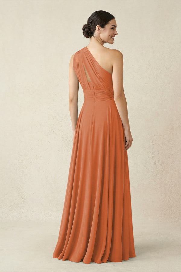 One - Shoulder A - Line Pleated Chiffon Bridesmaid Dress in Terracotta - KissProm Bridesmaid Dresses