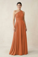 One - Shoulder A - Line Pleated Chiffon Bridesmaid Dress in Terracotta - KissProm Bridesmaid Dresses