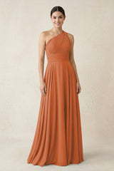 One - Shoulder A - Line Pleated Chiffon Bridesmaid Dress in Terracotta - KissProm Bridesmaid Dresses