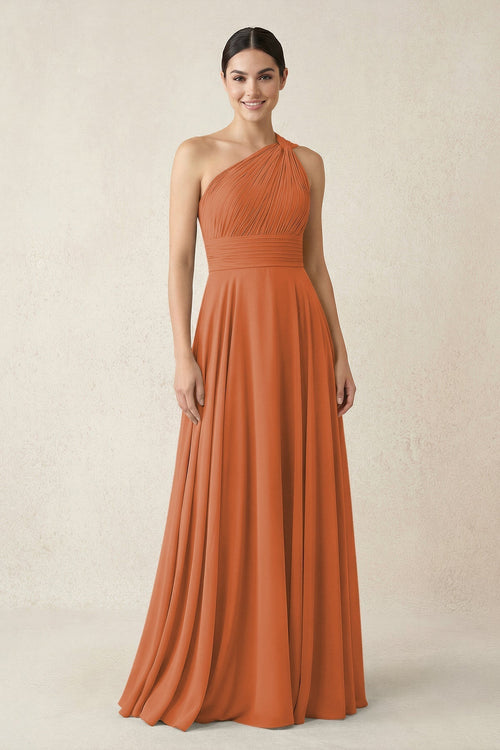 One - Shoulder A - Line Pleated Chiffon Bridesmaid Dress in Terracotta - KissProm Bridesmaid Dresses