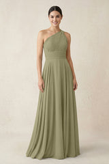 One - Shoulder A - Line Pleated Chiffon Bridesmaid Dress in Thyme - KissProm Bridesmaid Dresses