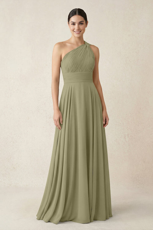 One - Shoulder A - Line Pleated Chiffon Bridesmaid Dress in Thyme - KissProm Bridesmaid Dresses