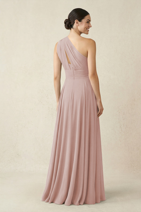 One - Shoulder A - Line Pleated Chiffon Bridesmaid Dress in Toffee - KissProm Bridesmaid Dresses