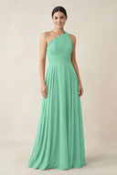 One - Shoulder A - Line Pleated Chiffon Bridesmaid Dress in Turquoise - KissProm Bridesmaid Dresses
