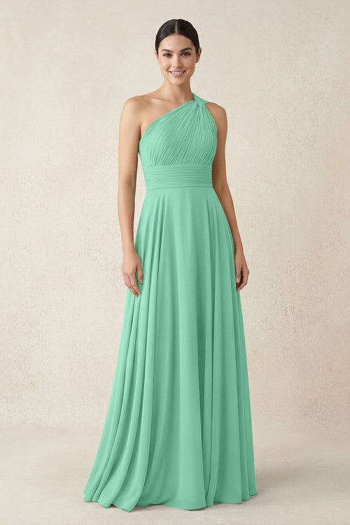 One - Shoulder A - Line Pleated Chiffon Bridesmaid Dress in Turquoise - KissProm Bridesmaid Dresses