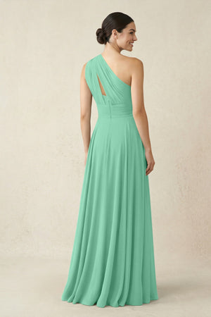 One - Shoulder A - Line Pleated Chiffon Bridesmaid Dress in Turquoise - KissProm Bridesmaid Dresses