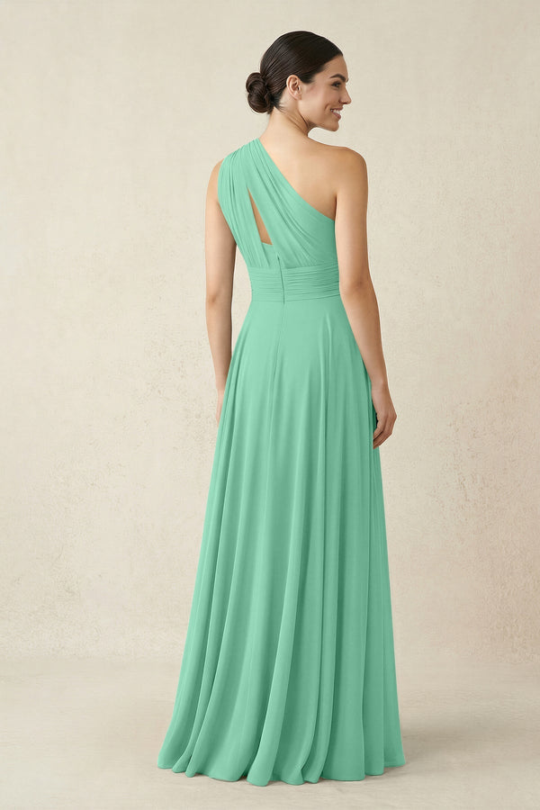 One - Shoulder A - Line Pleated Chiffon Bridesmaid Dress in Turquoise - KissProm Bridesmaid Dresses