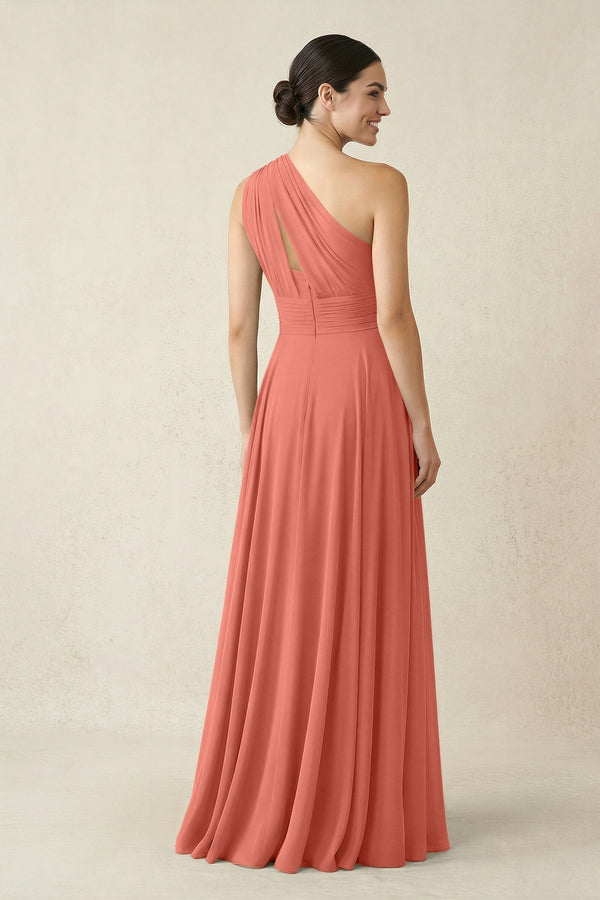 One - Shoulder A - Line Pleated Chiffon Bridesmaid Dress in Wild Rose - KissProm Bridesmaid Dresses