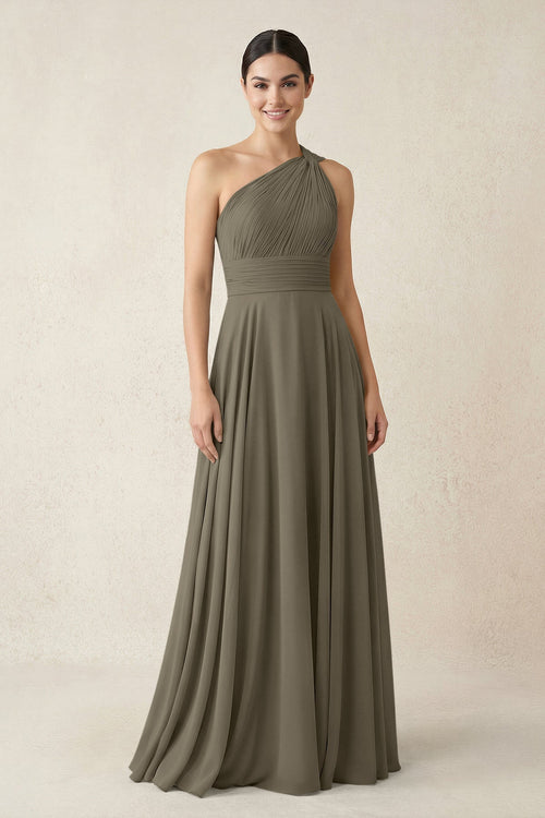 One - Shoulder A - Line Pleated Chiffon Bridesmaid Dress in Willow Green - KissProm Bridesmaid Dresses