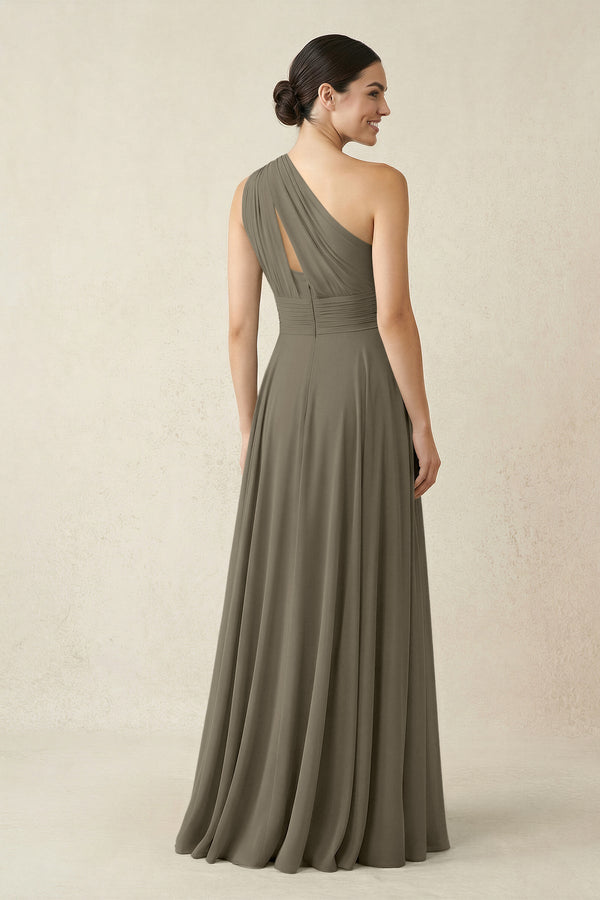 One - Shoulder A - Line Pleated Chiffon Bridesmaid Dress in Willow Green - KissProm Bridesmaid Dresses