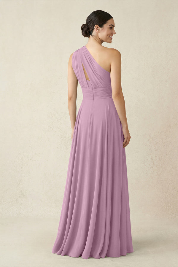 One - Shoulder A - Line Pleated Chiffon Bridesmaid Dress in Wisteria - KissProm Bridesmaid Dresses