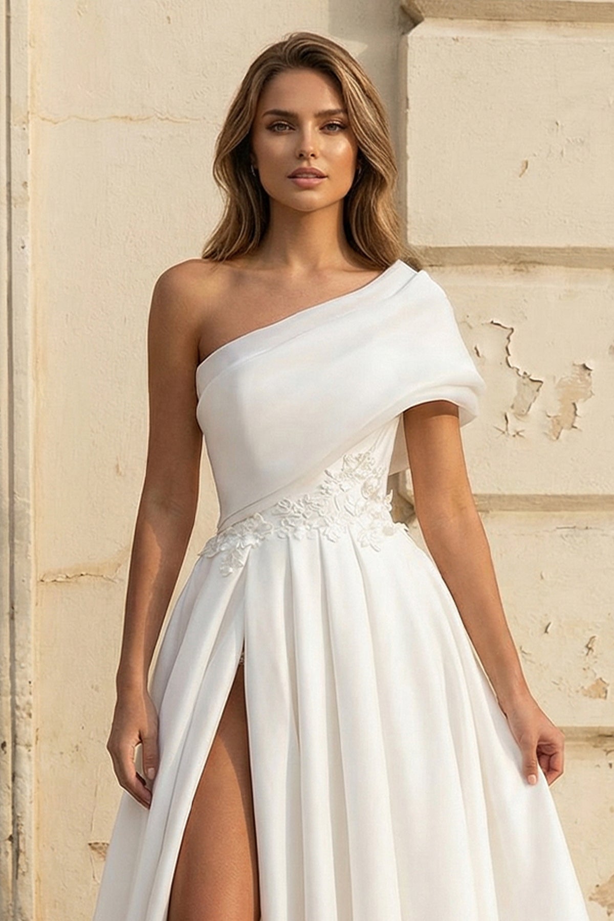 KissProm A-Line One-Shoulder Organza Sweep Train Wedding Dress With Appliques Lace, Diamond White / 8