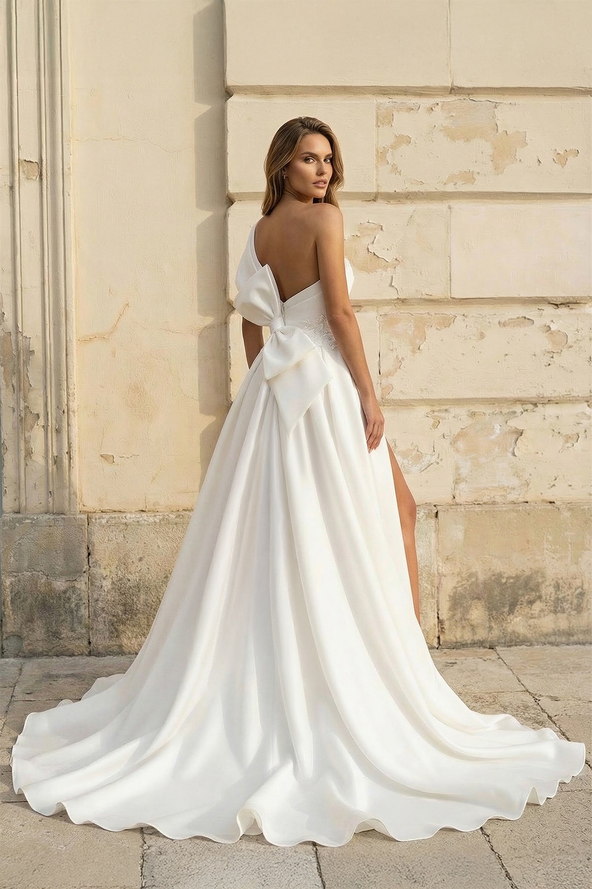A-Line One-Shoulder Organza Sweep Train Wedding Dress With Appliques L