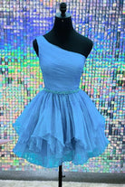 Seren | One - Shoulder Beaded Ruffle Homecoming Dress in Blue - KissProm