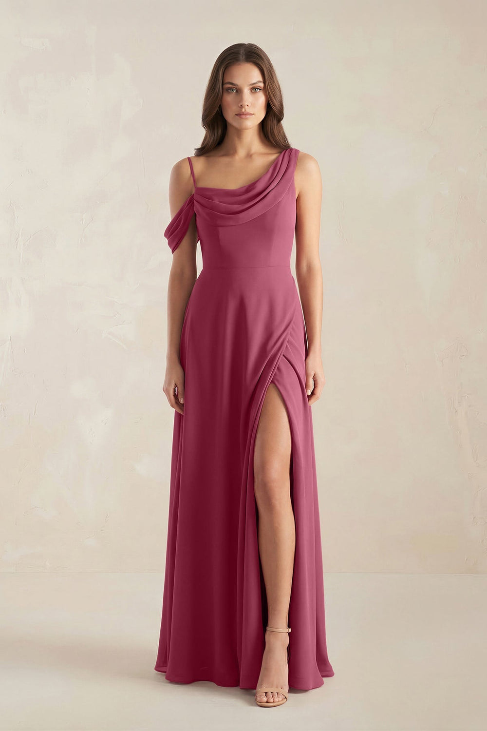 One - Shoulder Chiffon A - Line Bridesmaid Dress in Desert Rose - KissProm Bridesmaid Dresses