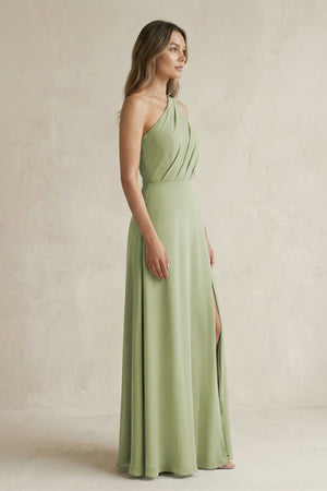 One-Shoulder Chiffon A-Line Bridesmaid Dress With Slit in Moss Green - KissProm BRIDESMAID DRESSES