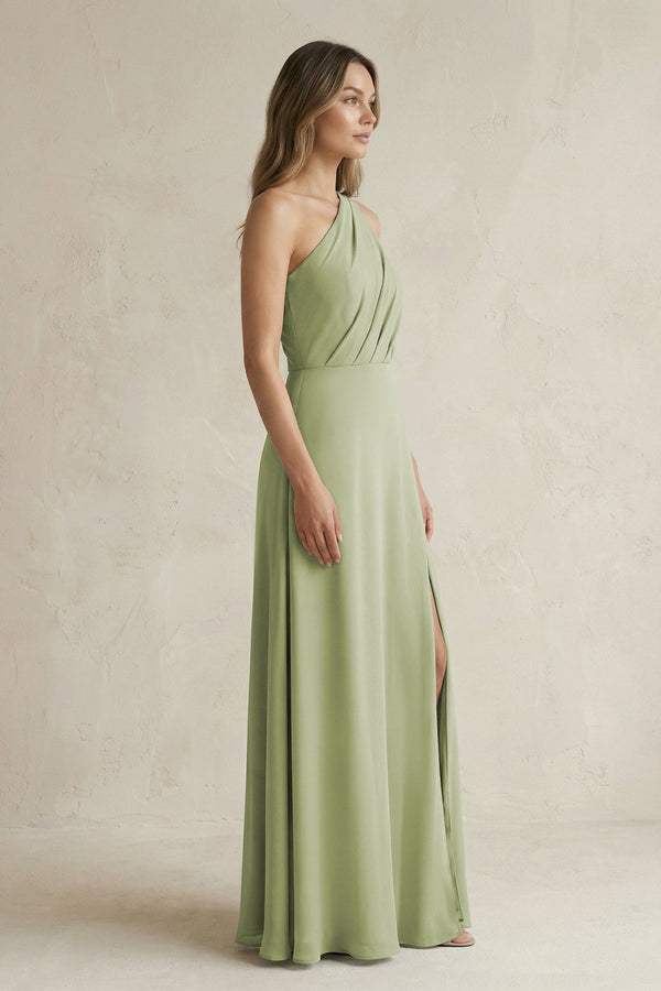 One-Shoulder Chiffon A-Line Bridesmaid Dress With Slit in Moss Green - KissProm BRIDESMAID DRESSES
