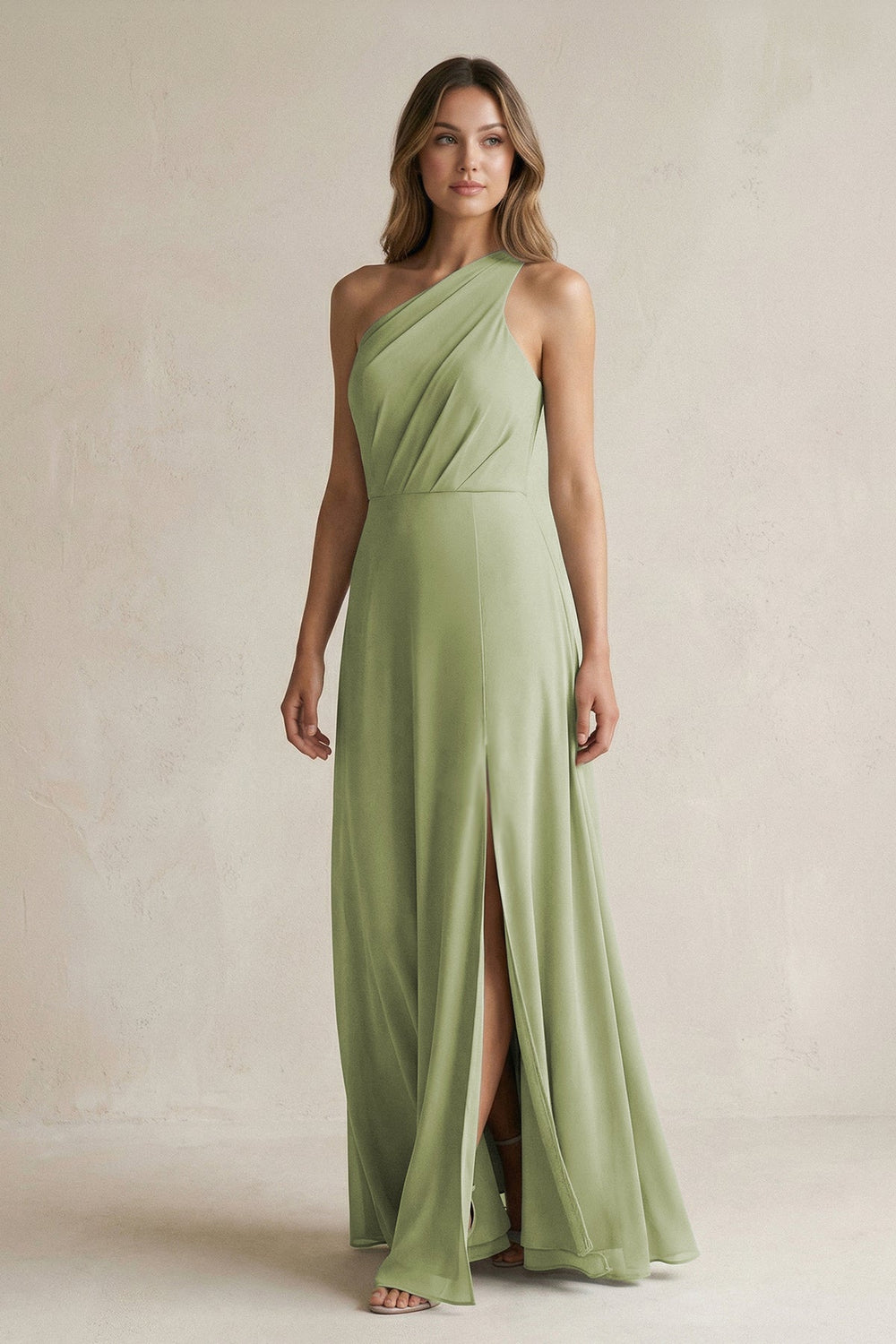 One-Shoulder Chiffon A-Line Bridesmaid Dress With Slit in Moss Green - KissProm BRIDESMAID DRESSES