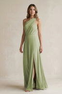 One-Shoulder Chiffon A-Line Bridesmaid Dress With Slit in Moss Green - KissProm BRIDESMAID DRESSES