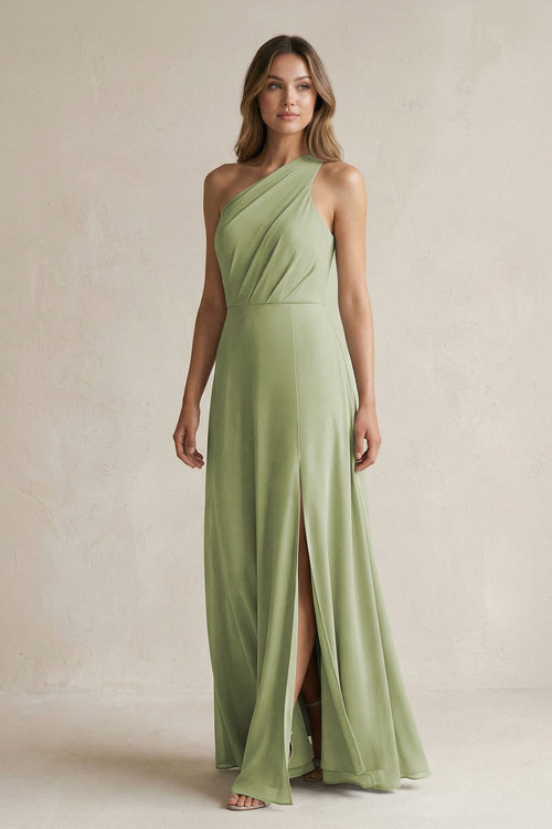 One-Shoulder Chiffon A-Line Bridesmaid Dress With Slit in Moss Green - KissProm BRIDESMAID DRESSES