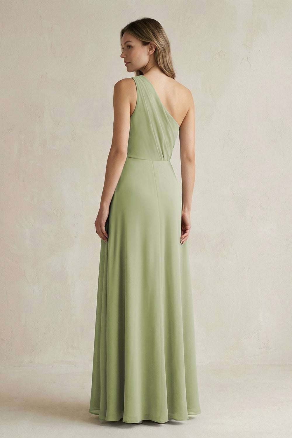 One-Shoulder Chiffon A-Line Bridesmaid Dress With Slit in Moss Green - KissProm BRIDESMAID DRESSES