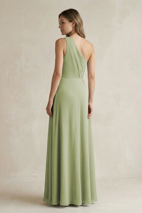 One-Shoulder Chiffon A-Line Bridesmaid Dress With Slit in Moss Green - KissProm BRIDESMAID DRESSES