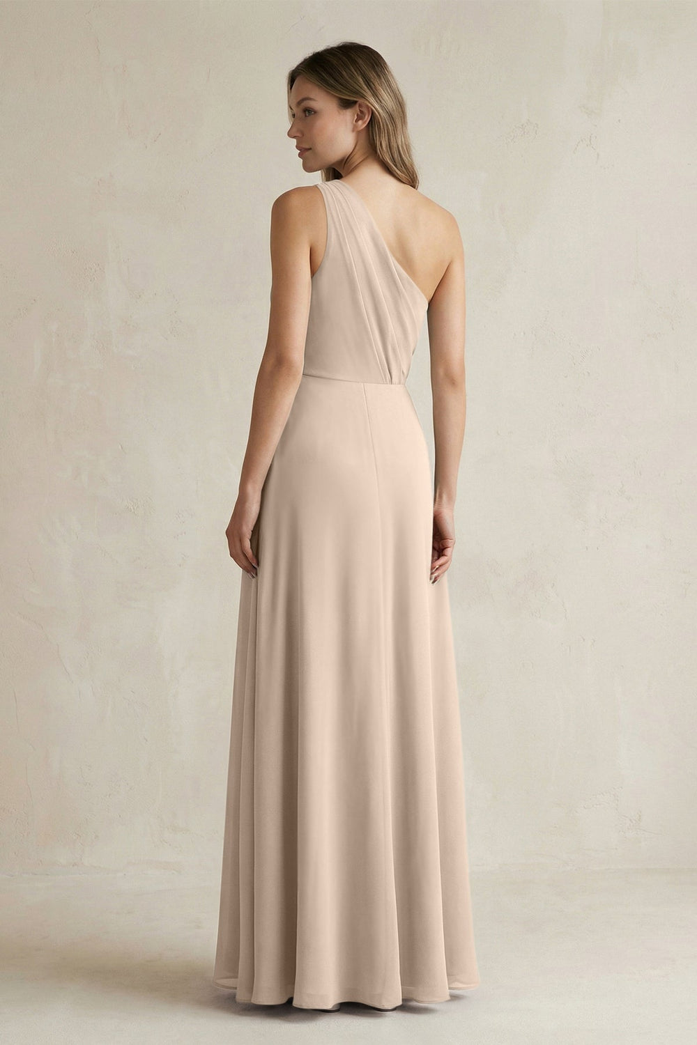 One-Shoulder Chiffon A-Line Bridesmaid Dress With Slit in Almond - KissProm BRIDESMAID DRESSES