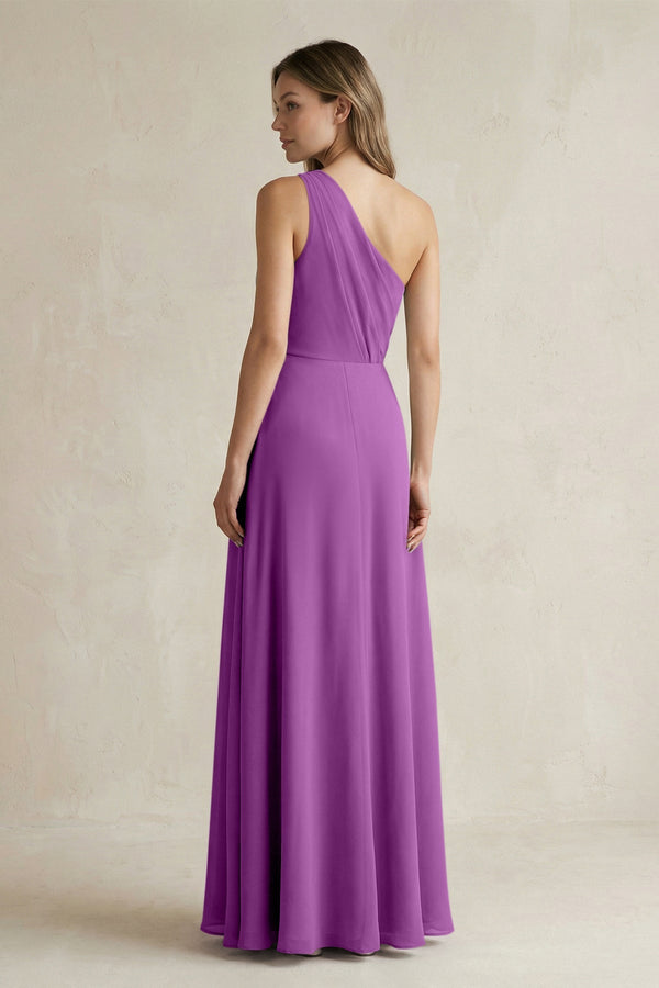 One-Shoulder Chiffon A-Line Bridesmaid Dress With Slit in Amethyst - KissProm BRIDESMAID DRESSES