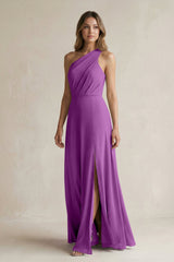 One-Shoulder Chiffon A-Line Bridesmaid Dress With Slit in Amethyst - KissProm BRIDESMAID DRESSES