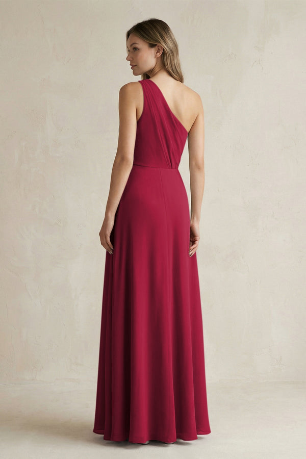 One-Shoulder Chiffon A-Line Bridesmaid Dress With Slit in Berry - KissProm BRIDESMAID DRESSES