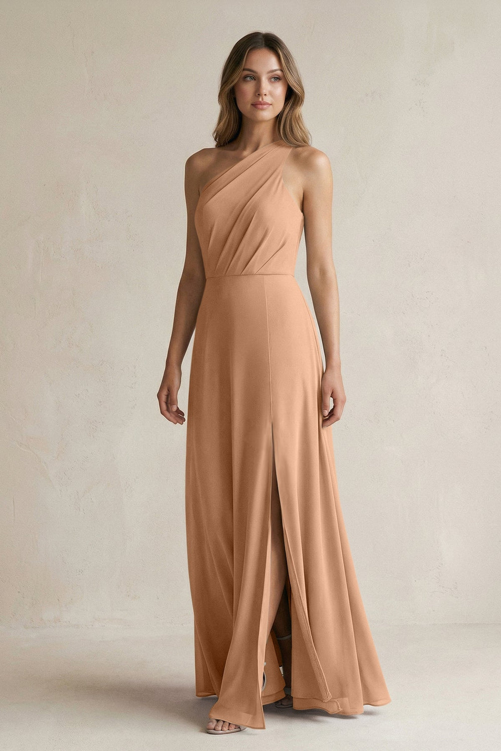 One-Shoulder Chiffon A-Line Bridesmaid Dress With Slit in Bronzer - KissProm BRIDESMAID DRESSES