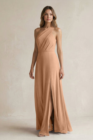 One-Shoulder Chiffon A-Line Bridesmaid Dress With Slit in Bronzer - KissProm BRIDESMAID DRESSES