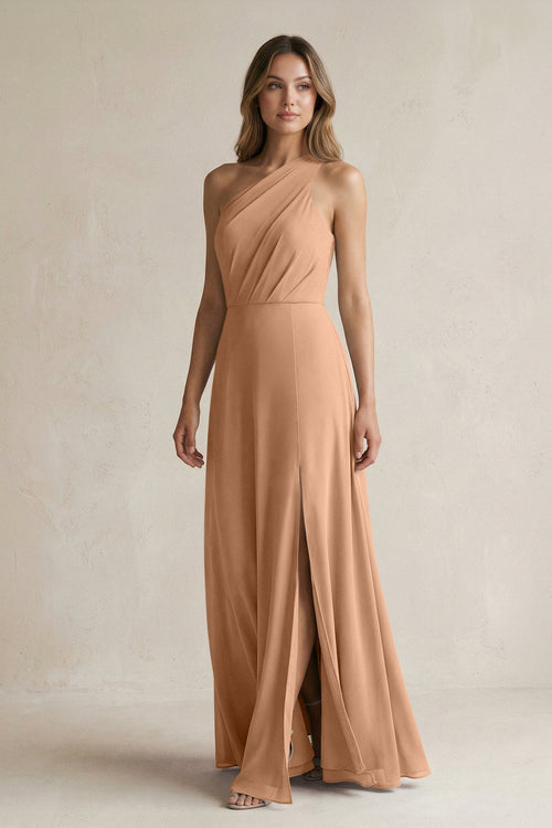 One-Shoulder Chiffon A-Line Bridesmaid Dress With Slit in Bronzer - KissProm BRIDESMAID DRESSES