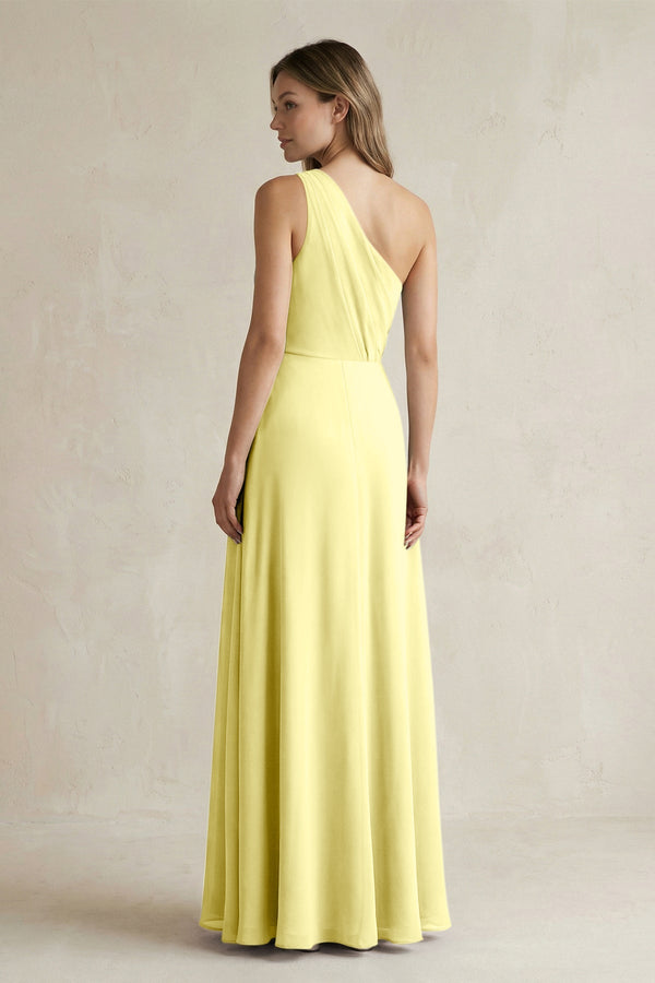 One-Shoulder Chiffon A-Line Bridesmaid Dress With Slit in Buttercup - KissProm BRIDESMAID DRESSES