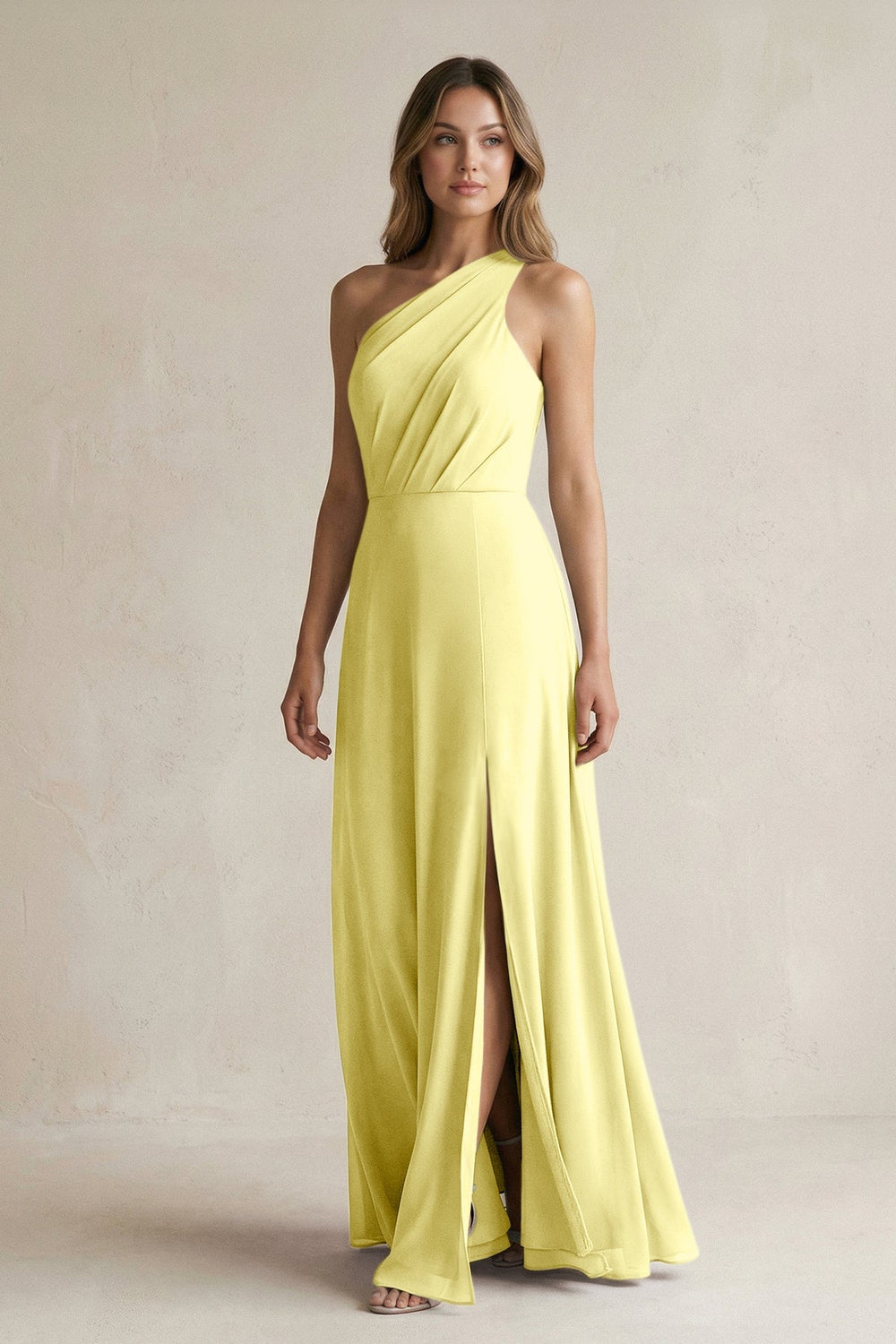 One-Shoulder Chiffon A-Line Bridesmaid Dress With Slit in Buttercup - KissProm BRIDESMAID DRESSES