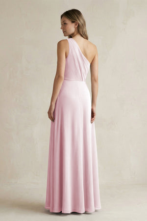 One-Shoulder Chiffon A-Line Bridesmaid Dress With Slit in Candy Pink - KissProm BRIDESMAID DRESSES
