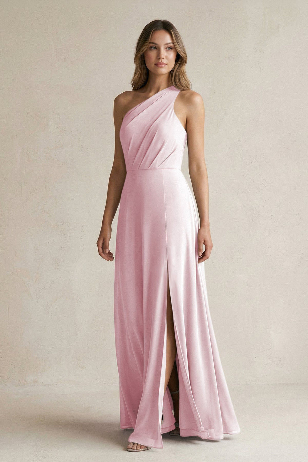 One-Shoulder Chiffon A-Line Bridesmaid Dress With Slit in Candy Pink - KissProm BRIDESMAID DRESSES