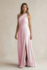 One-Shoulder Chiffon A-Line Bridesmaid Dress With Slit in Candy Pink - KissProm BRIDESMAID DRESSES