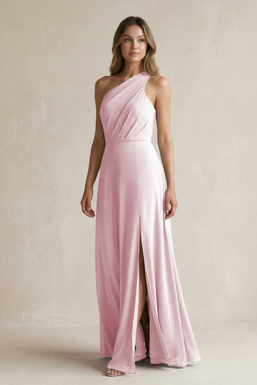KissProm | One-Shoulder Ruched Chiffon Bridesmaid Dress in Candy Pink