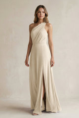 One-Shoulder Chiffon A-Line Bridesmaid Dress With Slit in Champagne - KissProm BRIDESMAID DRESSES