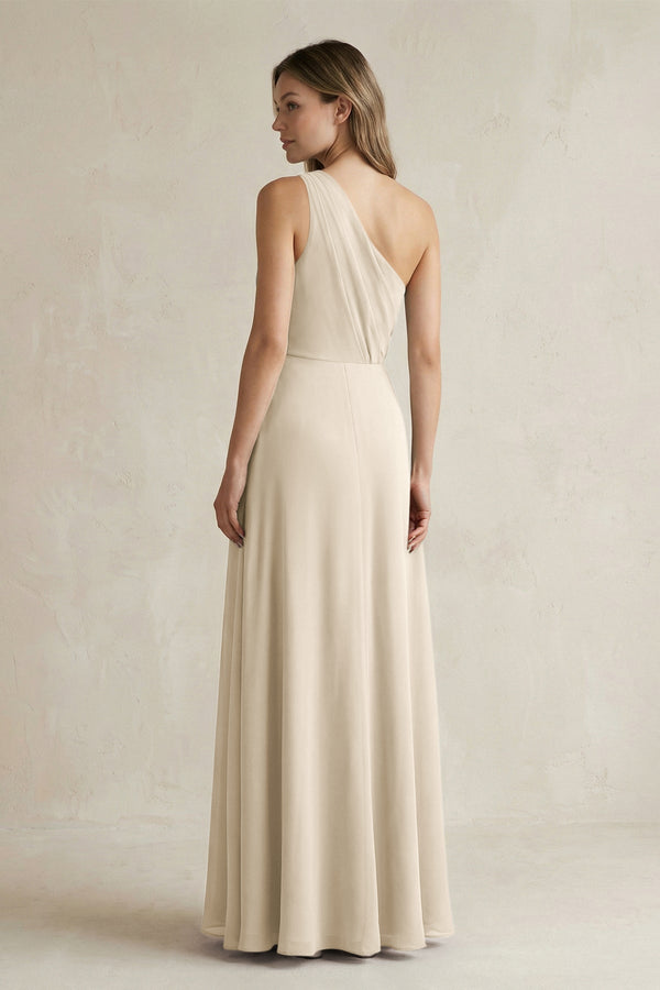 One-Shoulder Chiffon A-Line Bridesmaid Dress With Slit in Champagne - KissProm BRIDESMAID DRESSES