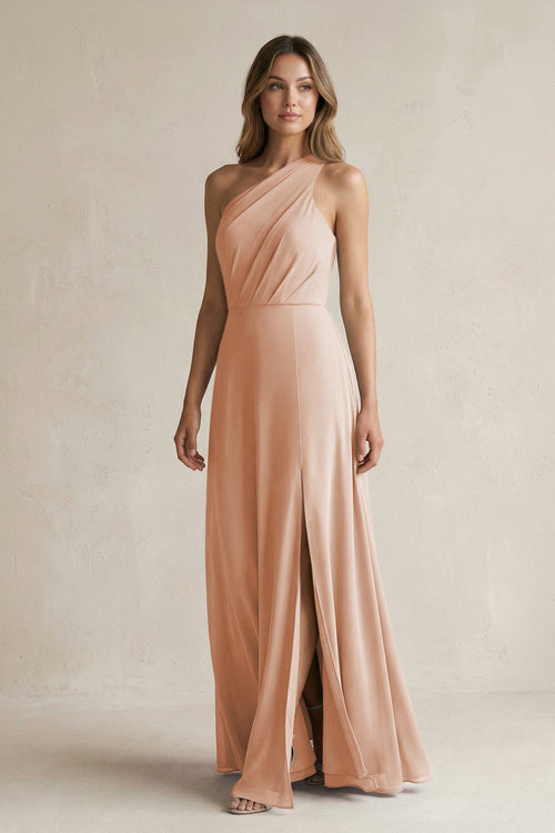 KissProm | One-Shoulder Ruched Chiffon Bridesmaid Dress in Champagne Rose KissProm | One-Shoulder Ruched Chiffon Bridesmaid Dress in Champagne Rose