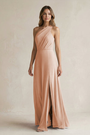 One-Shoulder Chiffon A-Line Bridesmaid Dress With Slit in Champagne Rose - KissProm BRIDESMAID DRESSES