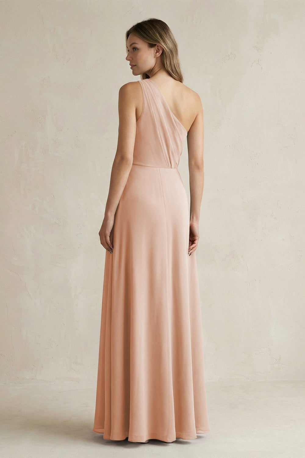 One-Shoulder Chiffon A-Line Bridesmaid Dress With Slit in Champagne Rose - KissProm BRIDESMAID DRESSES