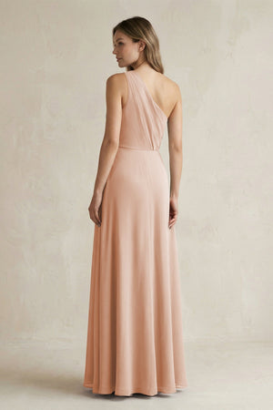 One-Shoulder Chiffon A-Line Bridesmaid Dress With Slit in Champagne Rose - KissProm BRIDESMAID DRESSES
