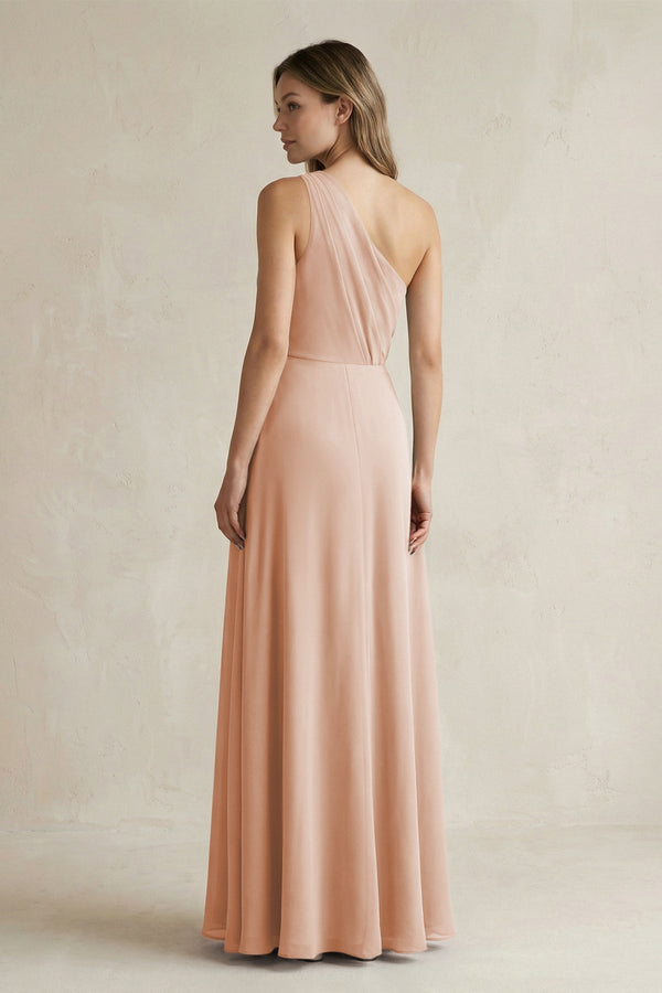 One-Shoulder Chiffon A-Line Bridesmaid Dress With Slit in Champagne Rose - KissProm BRIDESMAID DRESSES