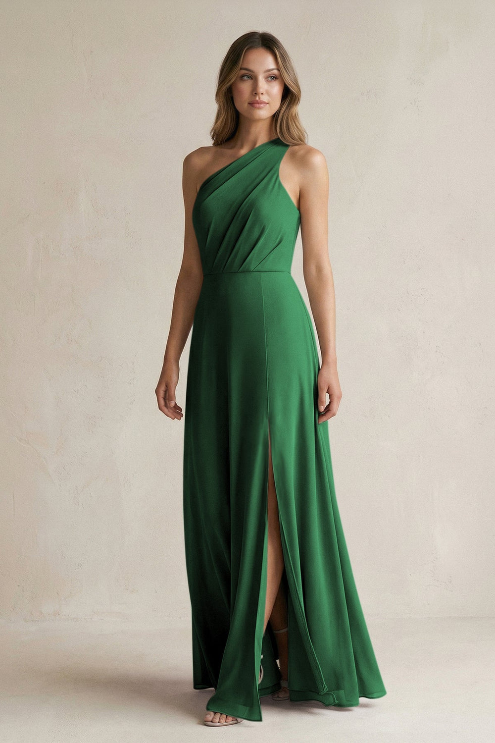 One-Shoulder Chiffon A-Line Bridesmaid Dress With Slit in Dark Green - KissProm BRIDESMAID DRESSES