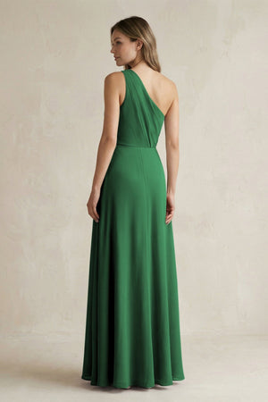 One-Shoulder Chiffon A-Line Bridesmaid Dress With Slit in Dark Green - KissProm BRIDESMAID DRESSES